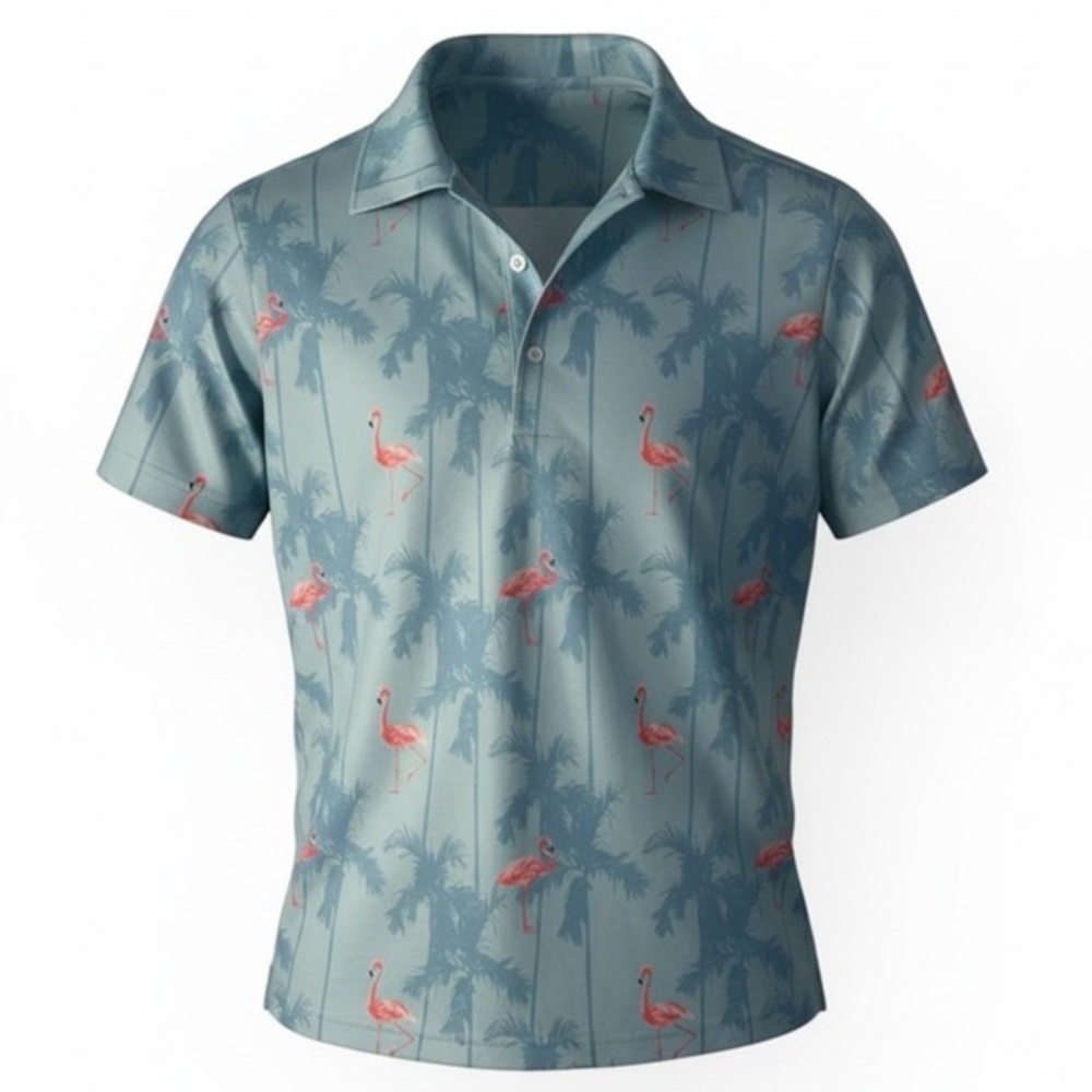 🌴 Goodfellow & Co Flamingo Palm Print Polo Shirt – Men’s Size Small